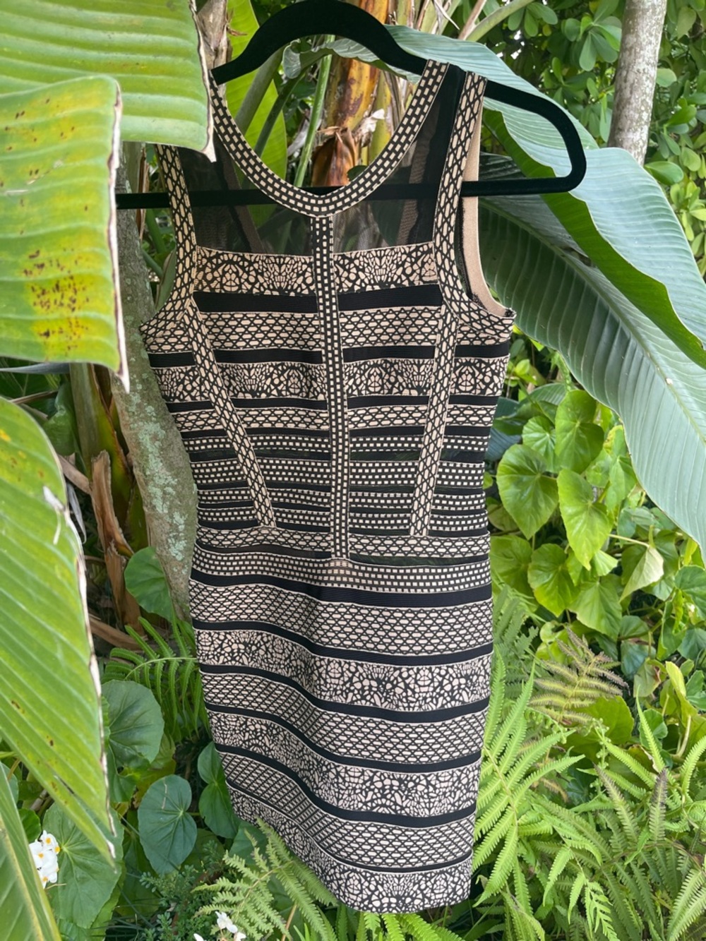 Bandaux Dress by Musani Couture Gold Beige and Black Patterned